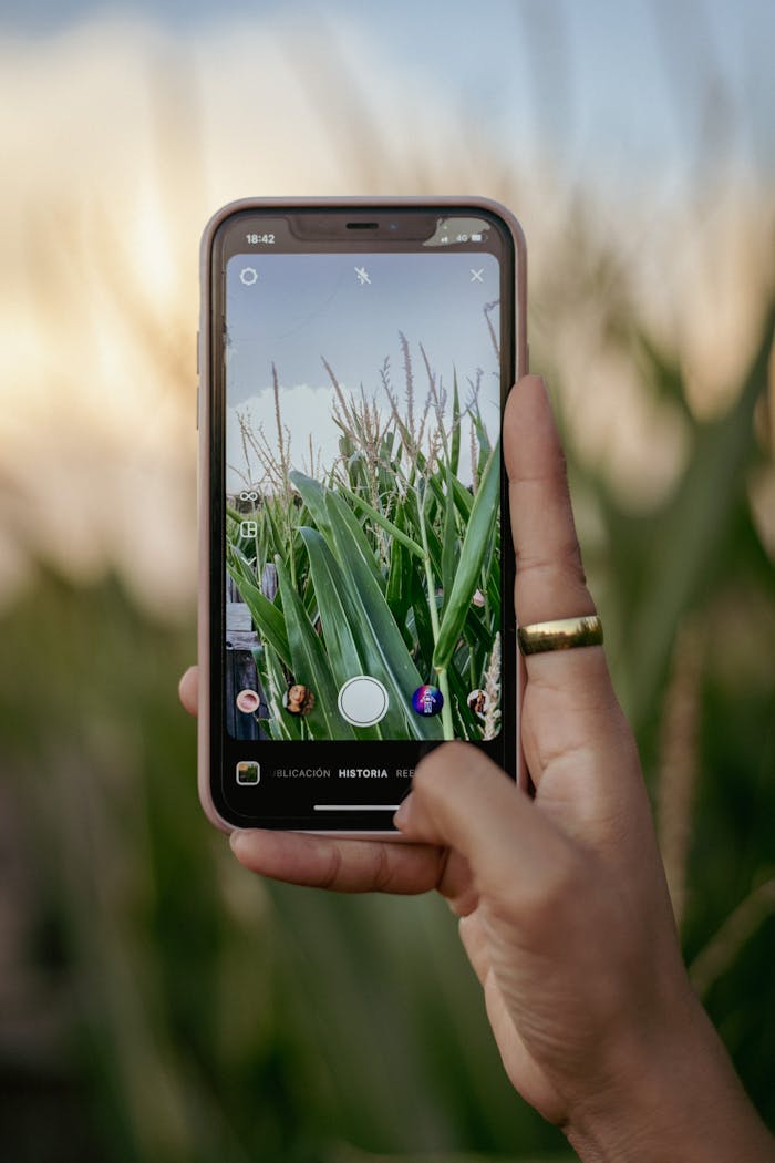 services-03 Person photographing cornfield using smartphone outdoors at sunset.