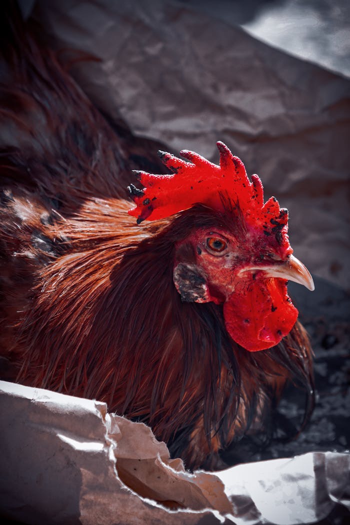 gallery-2 Detailed shot of a rooster showcasing vibrant plumage and distinctive comb in natural light.