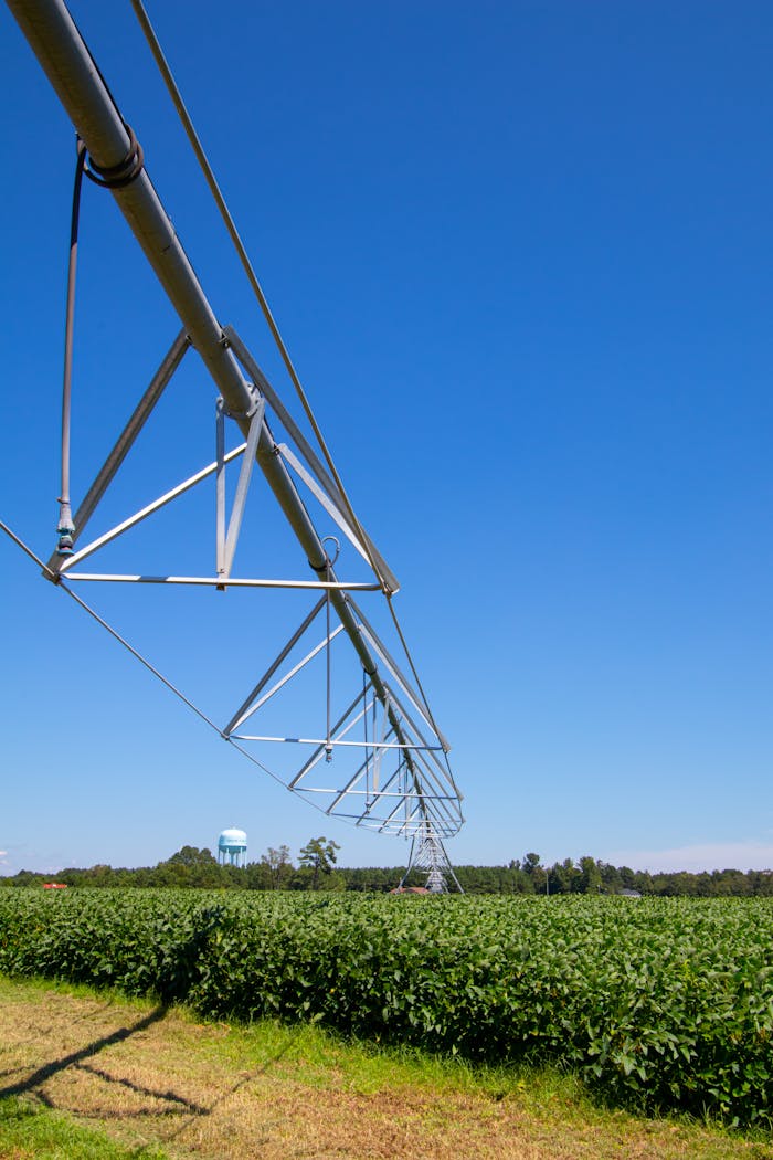 A wide-angle view of a modern pivot irrigation system on a lush green North Carolina farm under a clear blue sky.